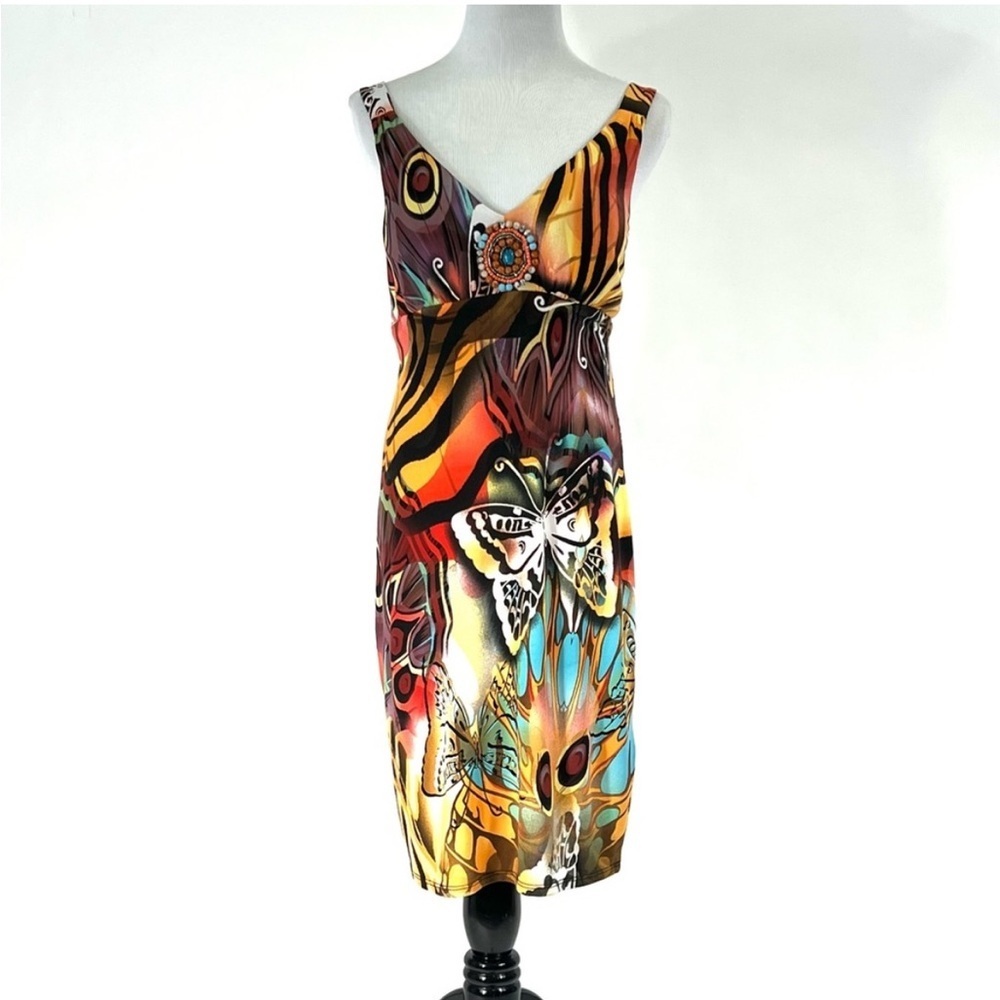 Frank Lyman Design Butterfly and Peacock Feather Print Summer Dress US6 y2k - Picture 2 of 14